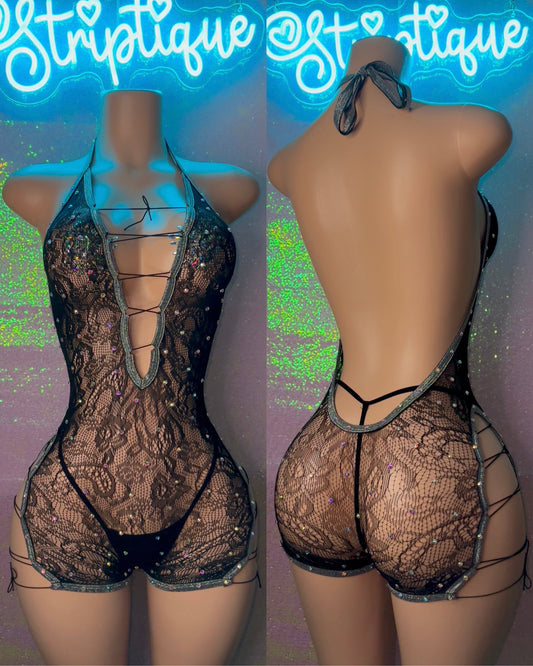 Black Crystal Lace Romper (S-M) STRETCHY