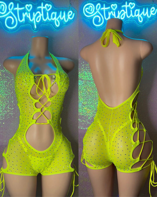 Yellow Icy Sheer Romper w/ Thong (S-L)